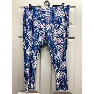 Vogo Athletica Women's Plus Size 2X Blue Palm Tree Leaf Print Cropped Leggings